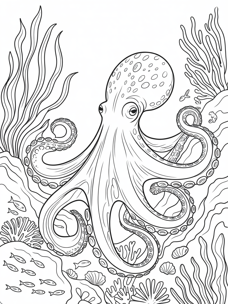 Octopus in sea - Free Coloring Page