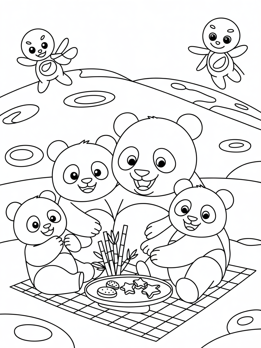 Panda family having a picnic in space - Free Coloring Page