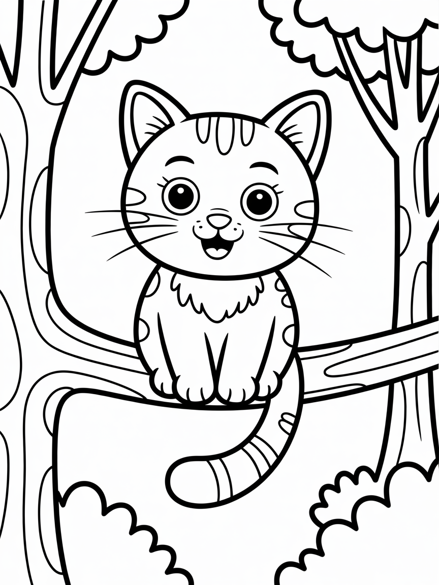 A cat sitting on a tree branch in the middle.of a forest - Free Coloring Page
