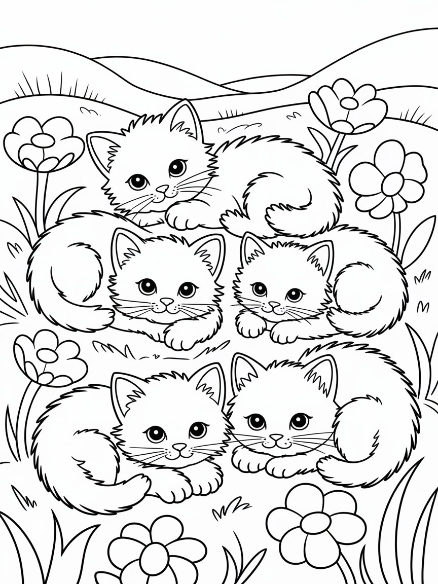 Kittens sleeping in flowers - Free Coloring Page