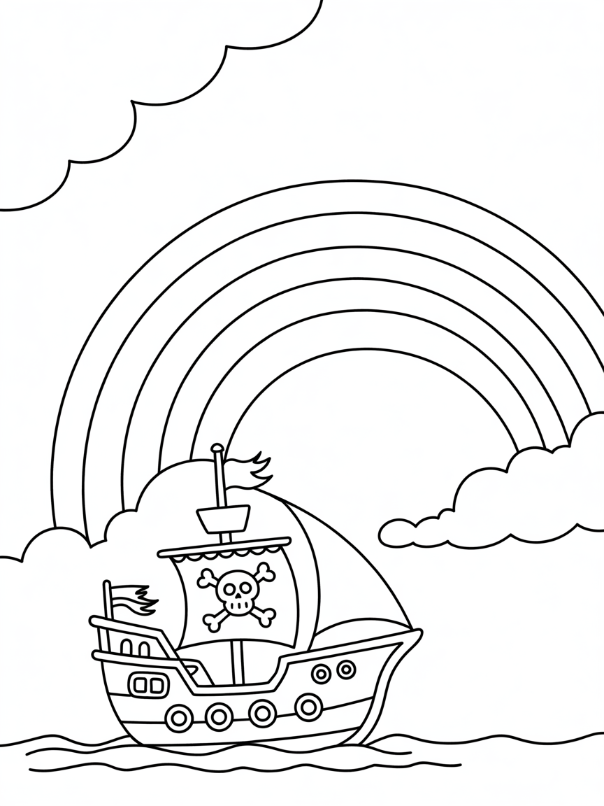 Pirate ship sailing across a rainbow - Free Coloring Page
