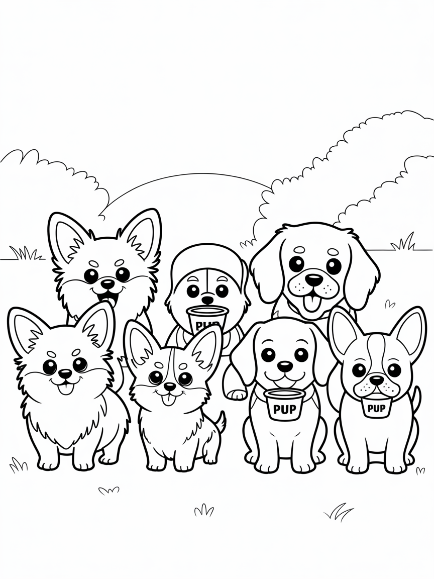 Many cute pog breeds like pomeranian, corgi, long haired chihuahuas standing in line for pup cups - Free Coloring Page