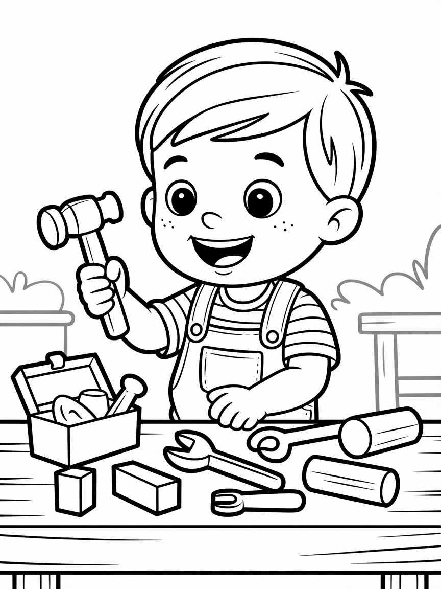 Boy playing at work - Free Coloring Page
