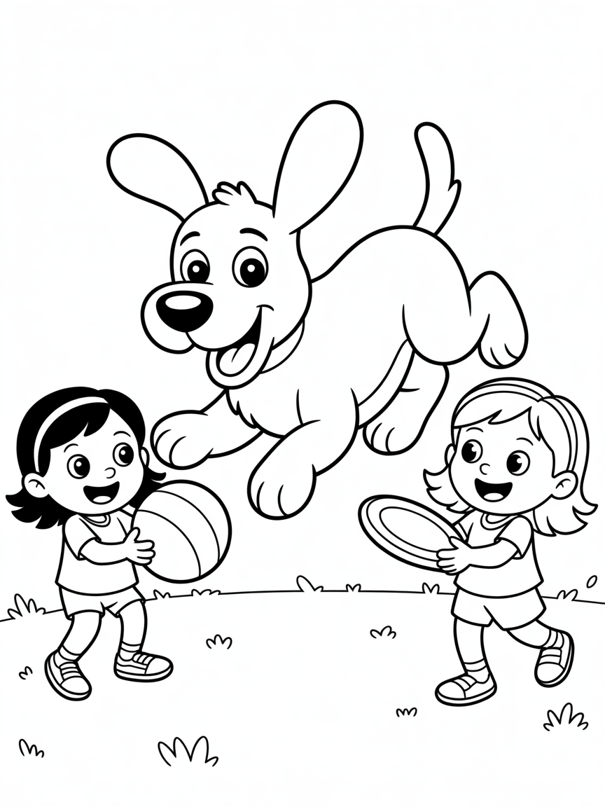 A dog with long ears called Leonard playing with two little girls. One ages 8 with dark hair and one ages 6 with light hair - Free Coloring Page