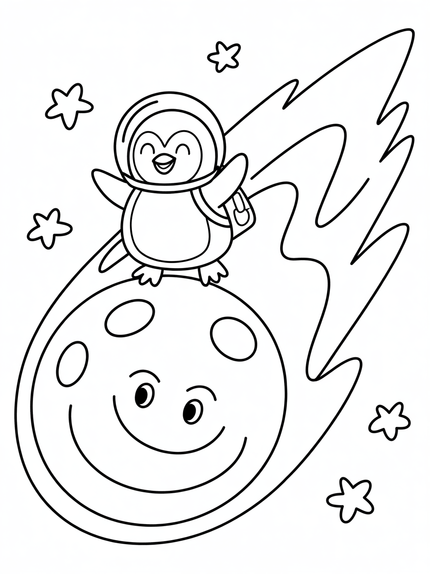 Space penguin exploring a comet - Free Coloring Page