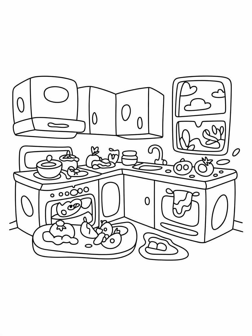 Messy kawaii kitchen - Free Coloring Page