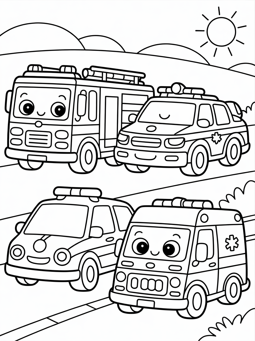 Fire trucks, police cars and ambulances - Free Coloring Page