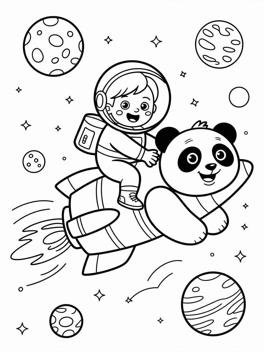 Space explorer riding a rocket panda - Free Coloring Page
