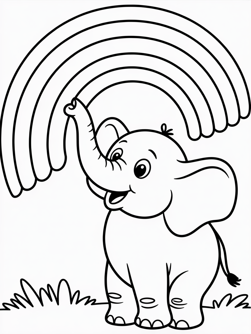 Elephant painting a rainbow with a trunk - Free Coloring Page