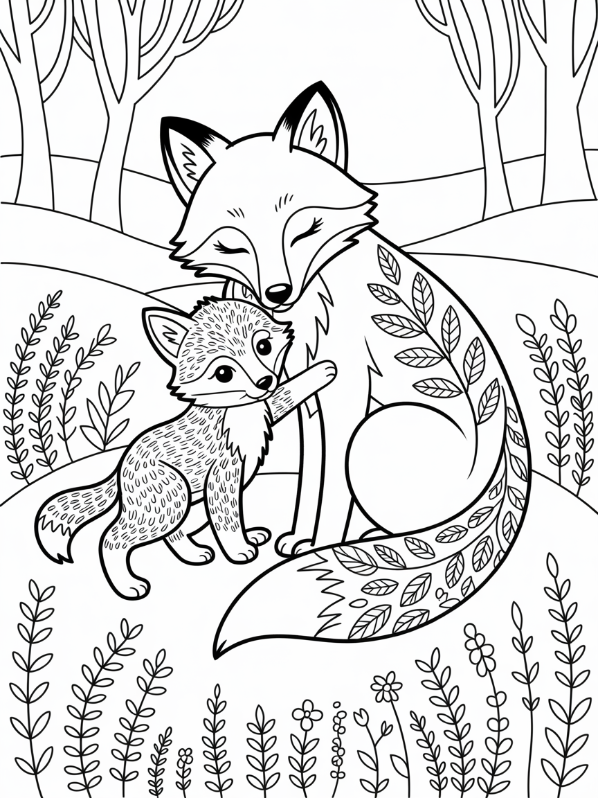 A fox cub with it's mum - Free Coloring Page