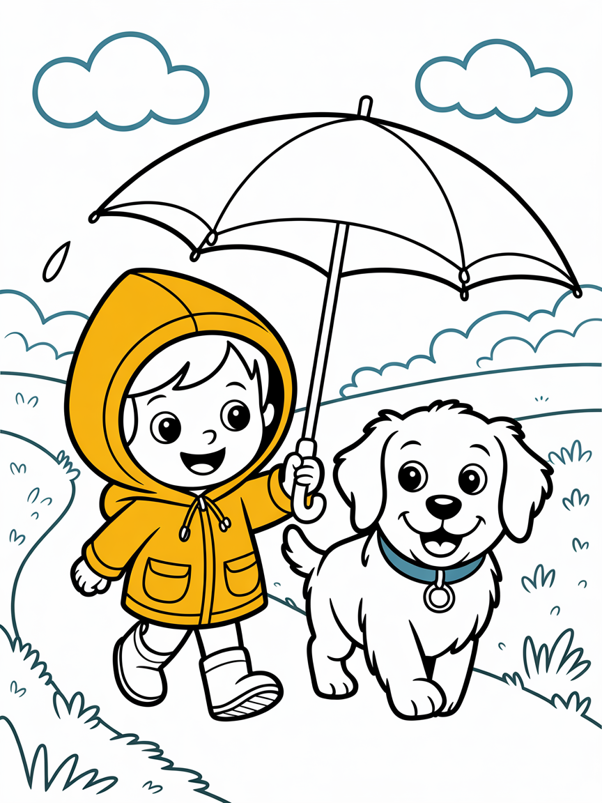 Kid on time with dog - Free Coloring Page