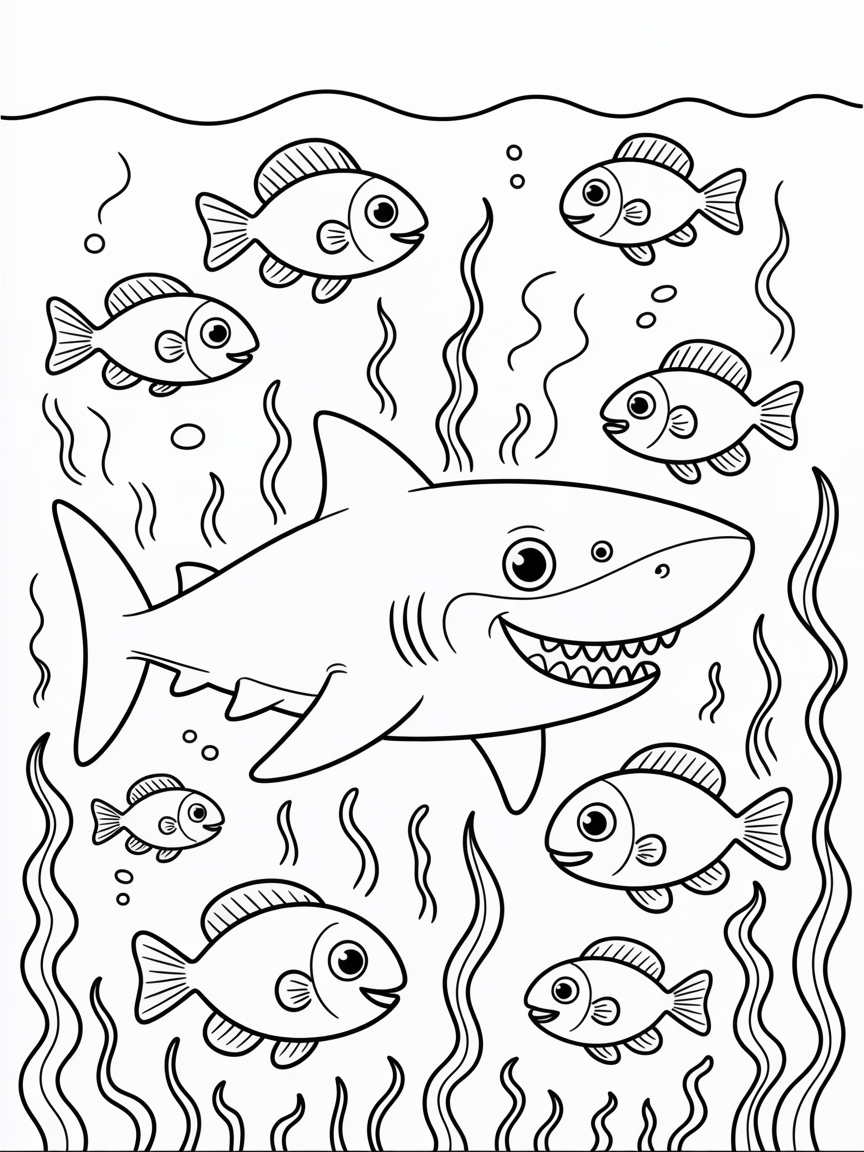 shark with fish friends and some sea weed - Free Coloring Page