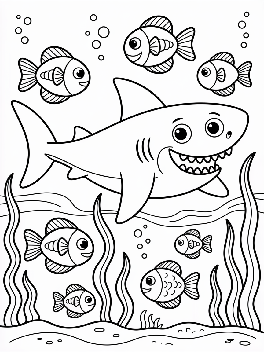 shark with fish friends and some sea weed and bubbles - Free Coloring Page