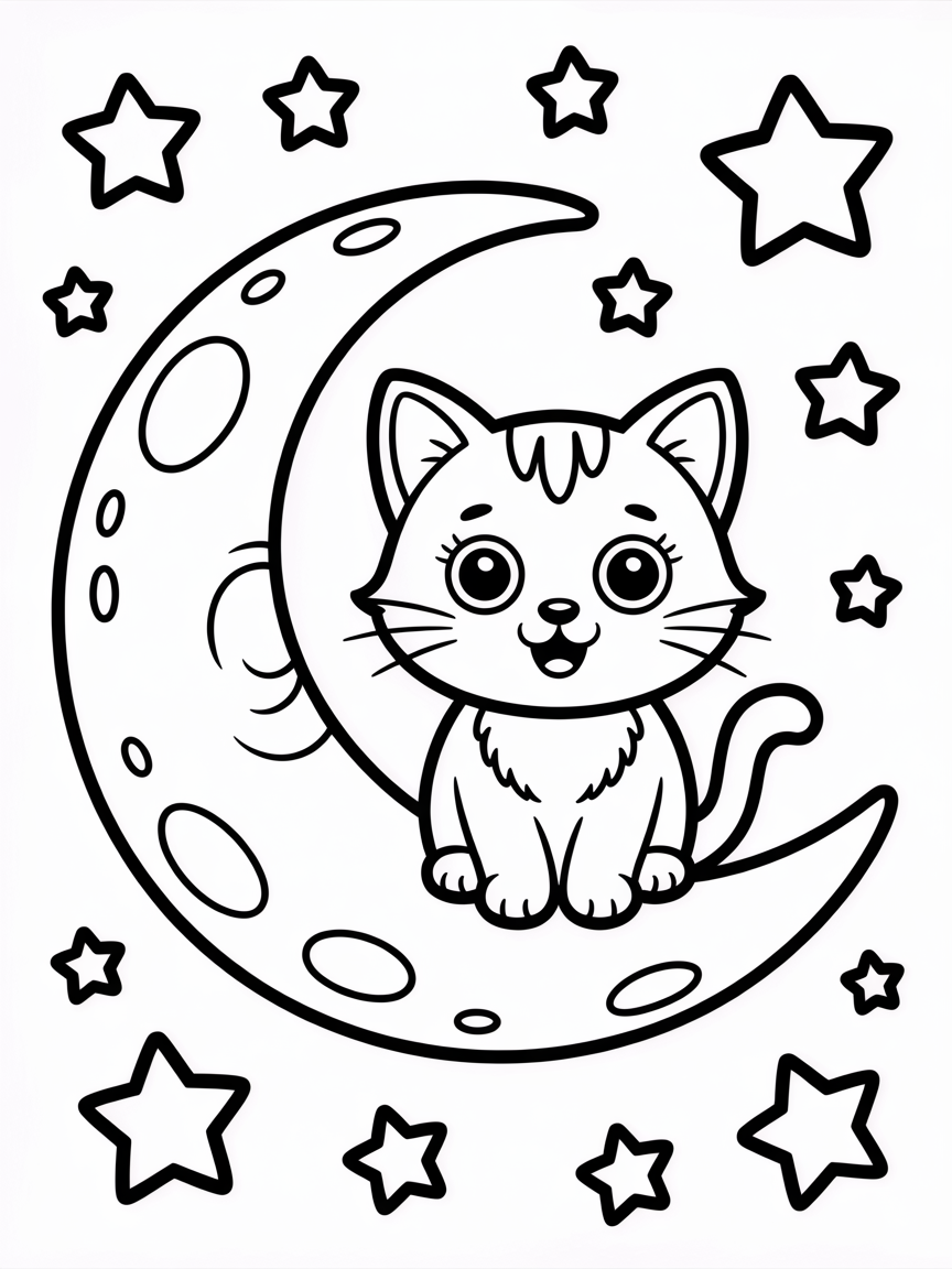 Cat on that moon - Free Coloring Page