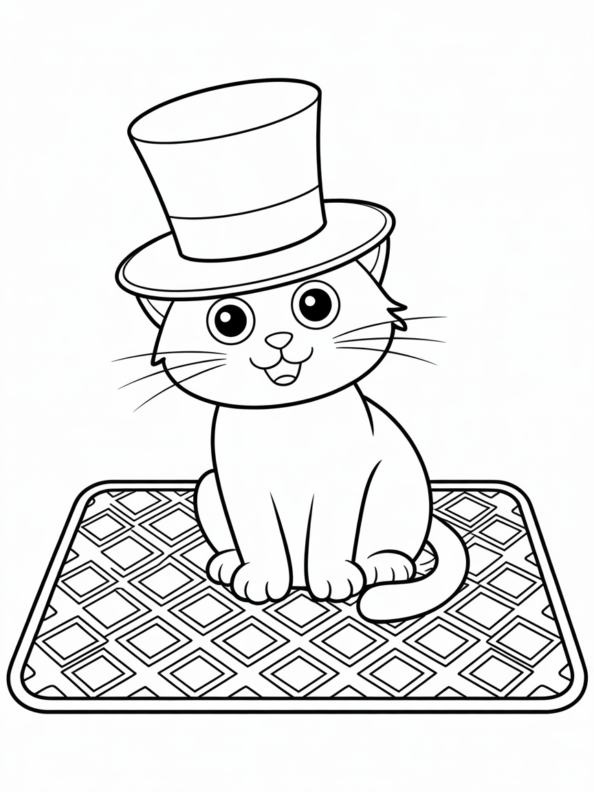 A cat in a hat on a mat - Free Coloring Page