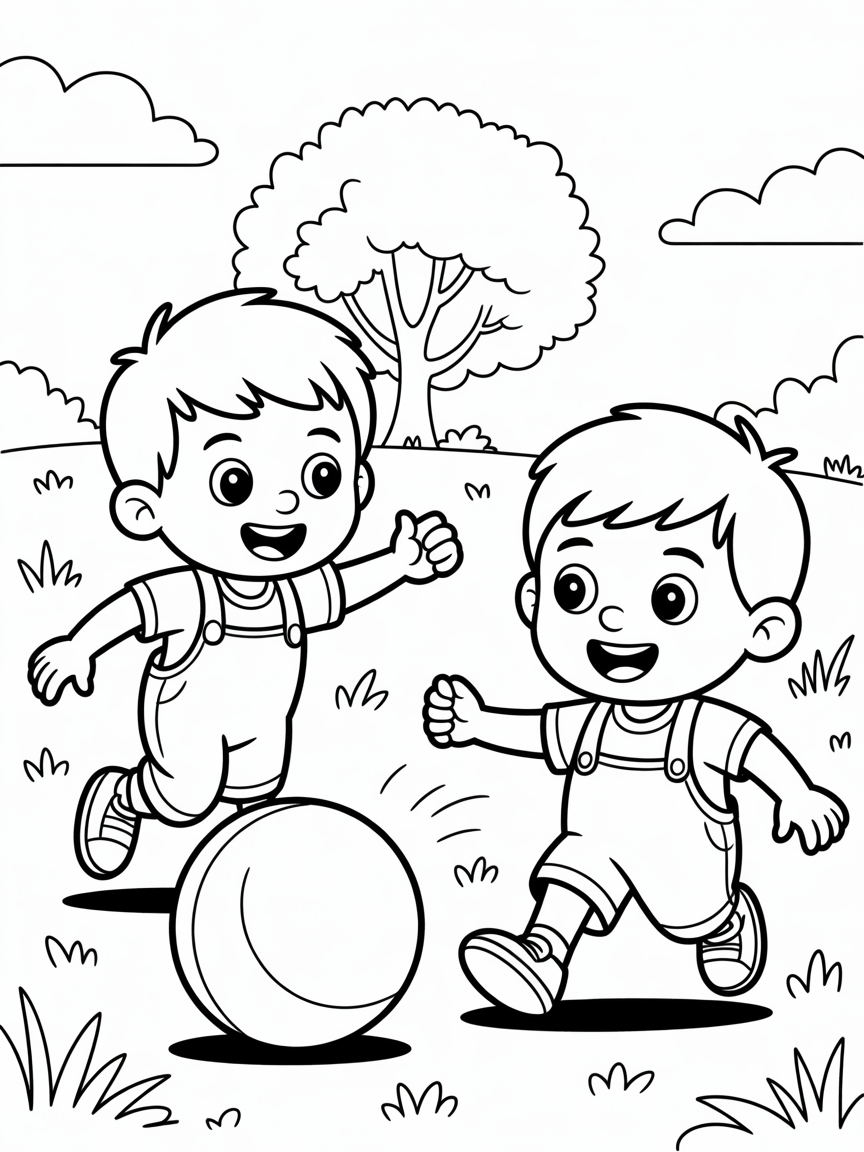 2 young brothers playing - Free Coloring Page