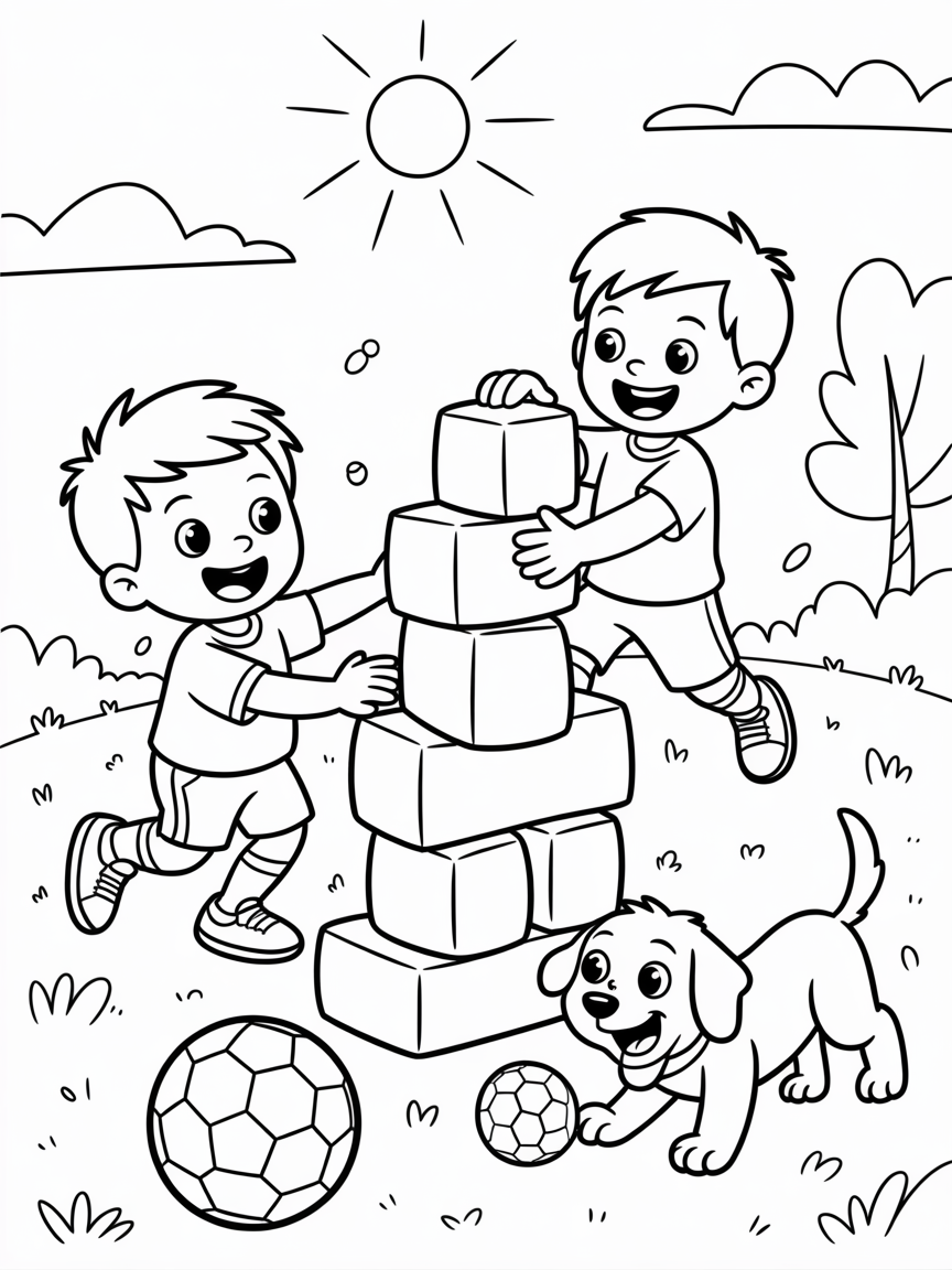 Brothers playing outside - Free Coloring Page