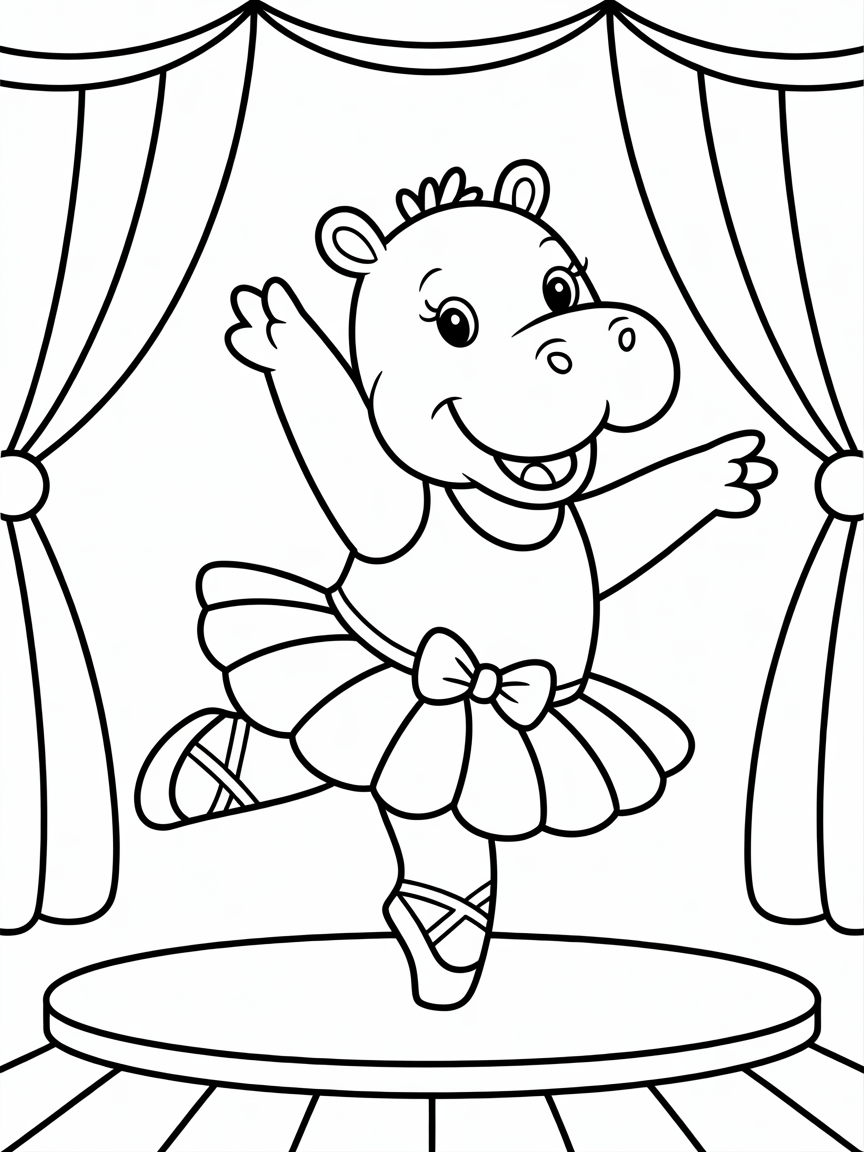 Ballerina hippo dancing on stage - Free Coloring Page