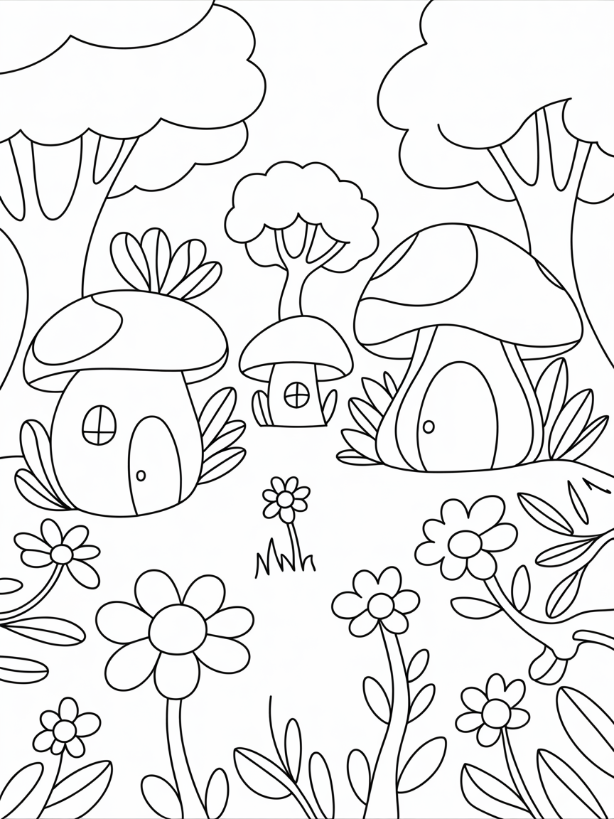 A forest for fairies with mushroom houses - Free Coloring Page