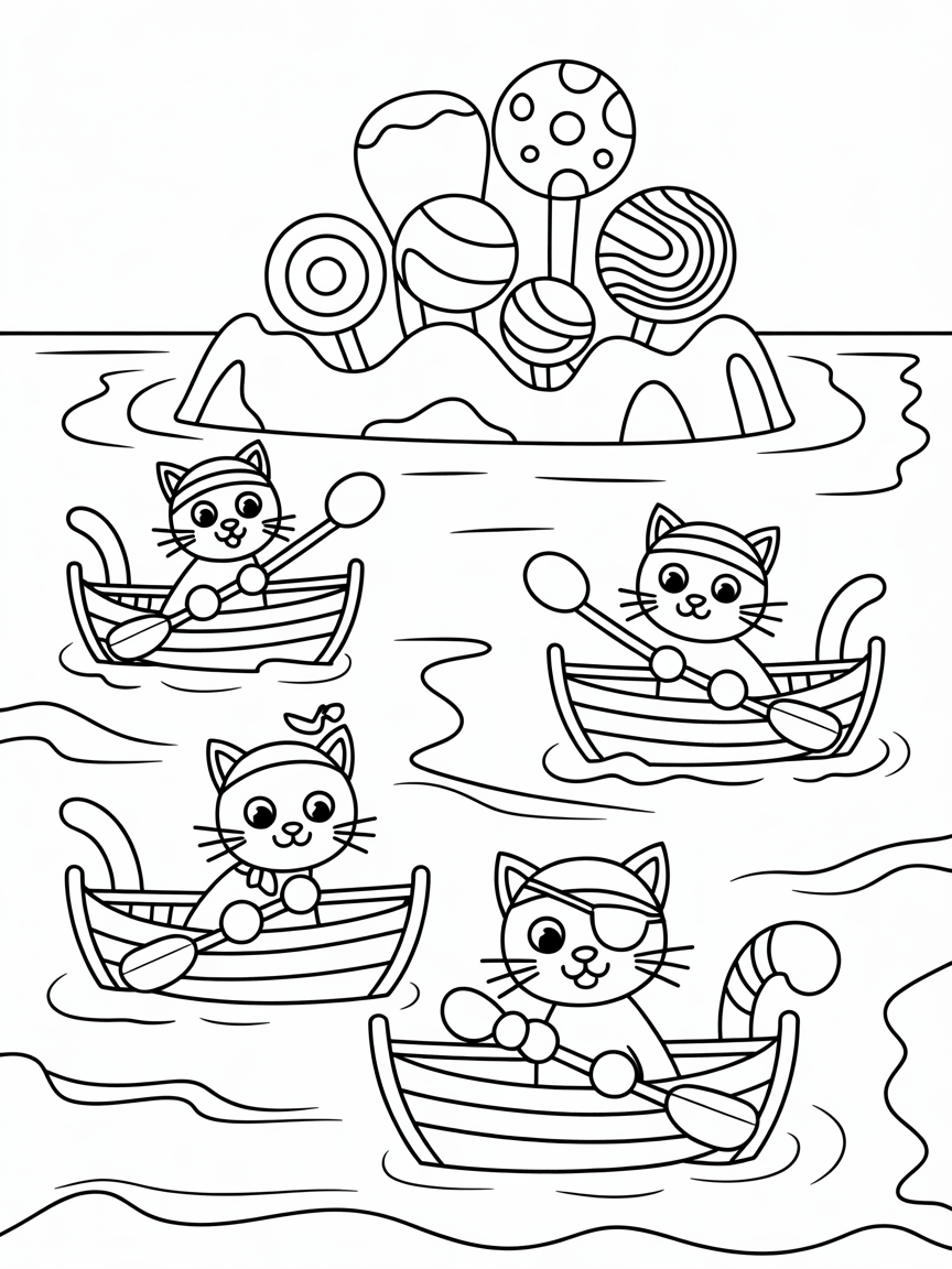 Pirate cats sailing candy islands - Free Coloring Page