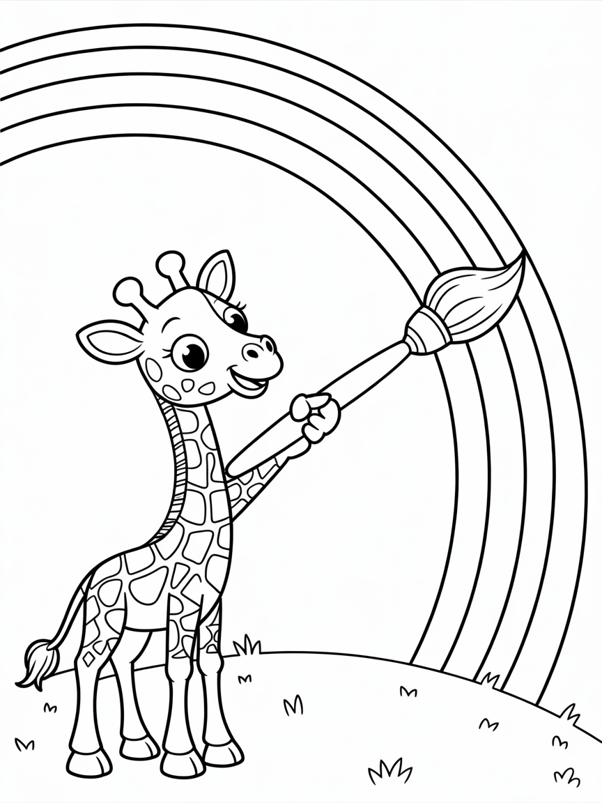 Giraffe painting a rainbow with brush - Free Coloring Page