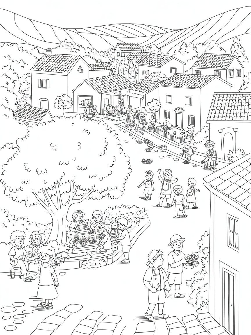 Beautiful Croatian village filled with people engaging in ordinary everyday tasks. - Free Coloring Page