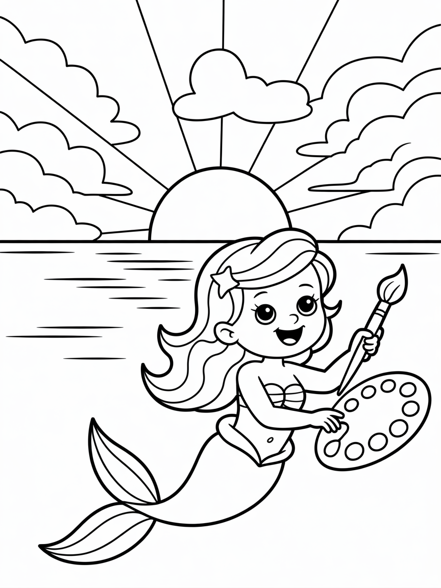 Mermaid painting a colorful sunset - Free Coloring Page