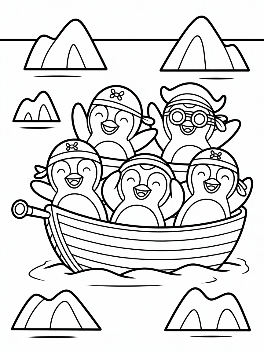 Pirate penguins sailing through icebergs - Free Coloring Page