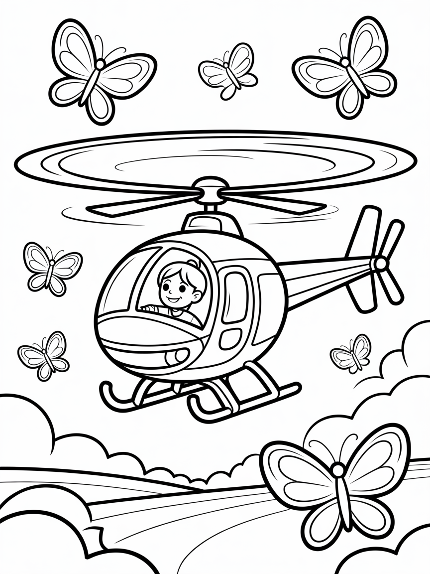 Helicopter flying with butterflies - Free Coloring Page