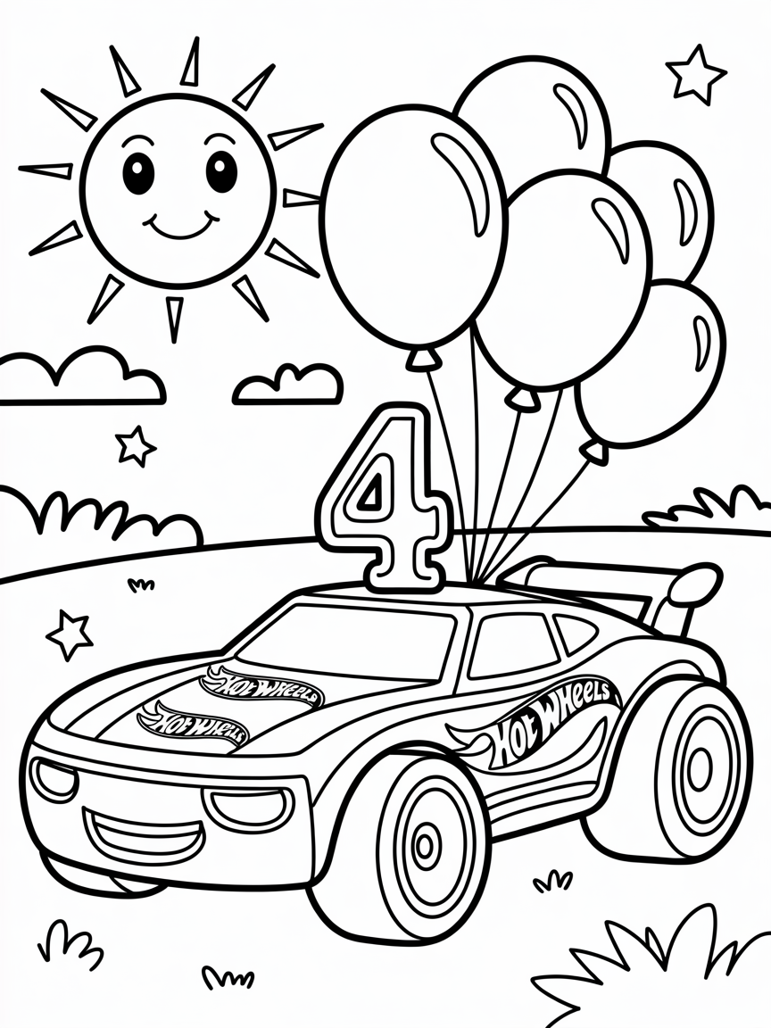 Hot wheels fourth birthday - Free Coloring Page