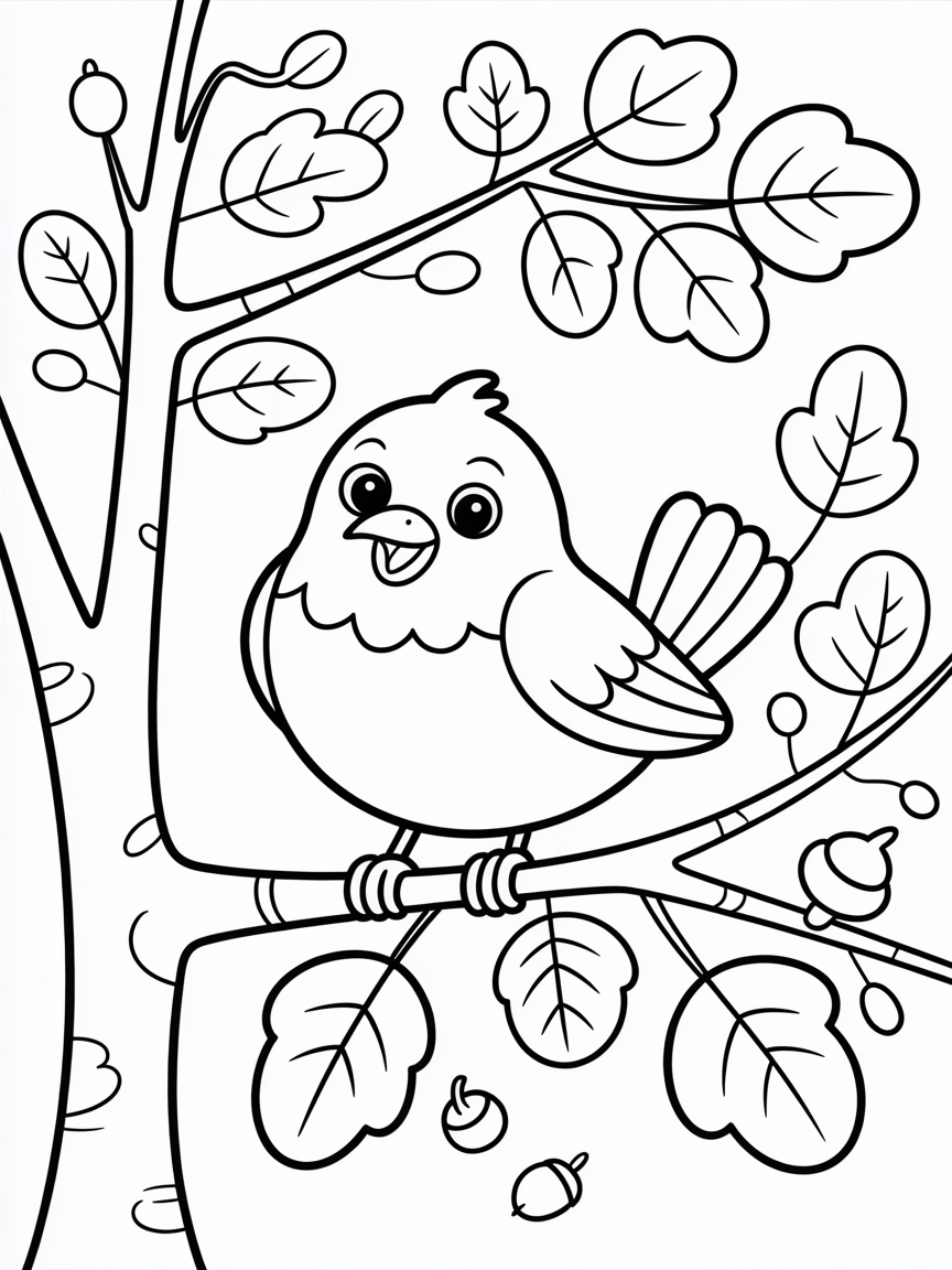 A colorful cute bird on a branch in an autumn tree full of colours - Free Coloring Page