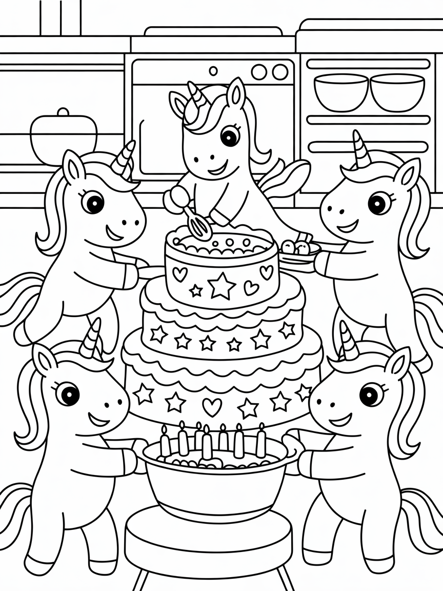 Rainbow unicorns baking a giant cake - Free Coloring Page