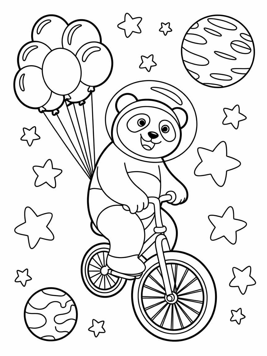 Panda riding a unicycle through space - Free Coloring Page