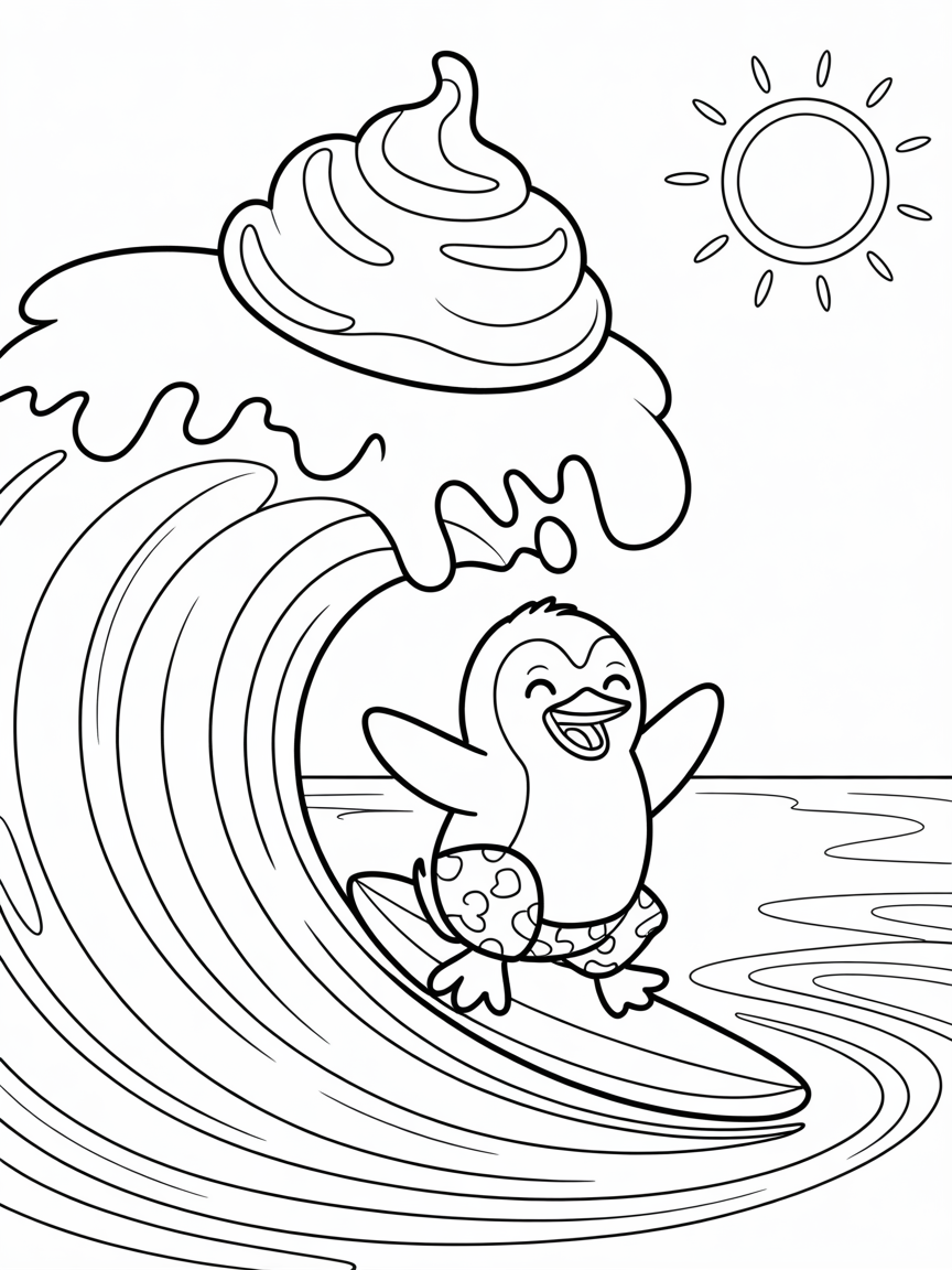A penguin surfing giant ice cream waves - Free Coloring Page