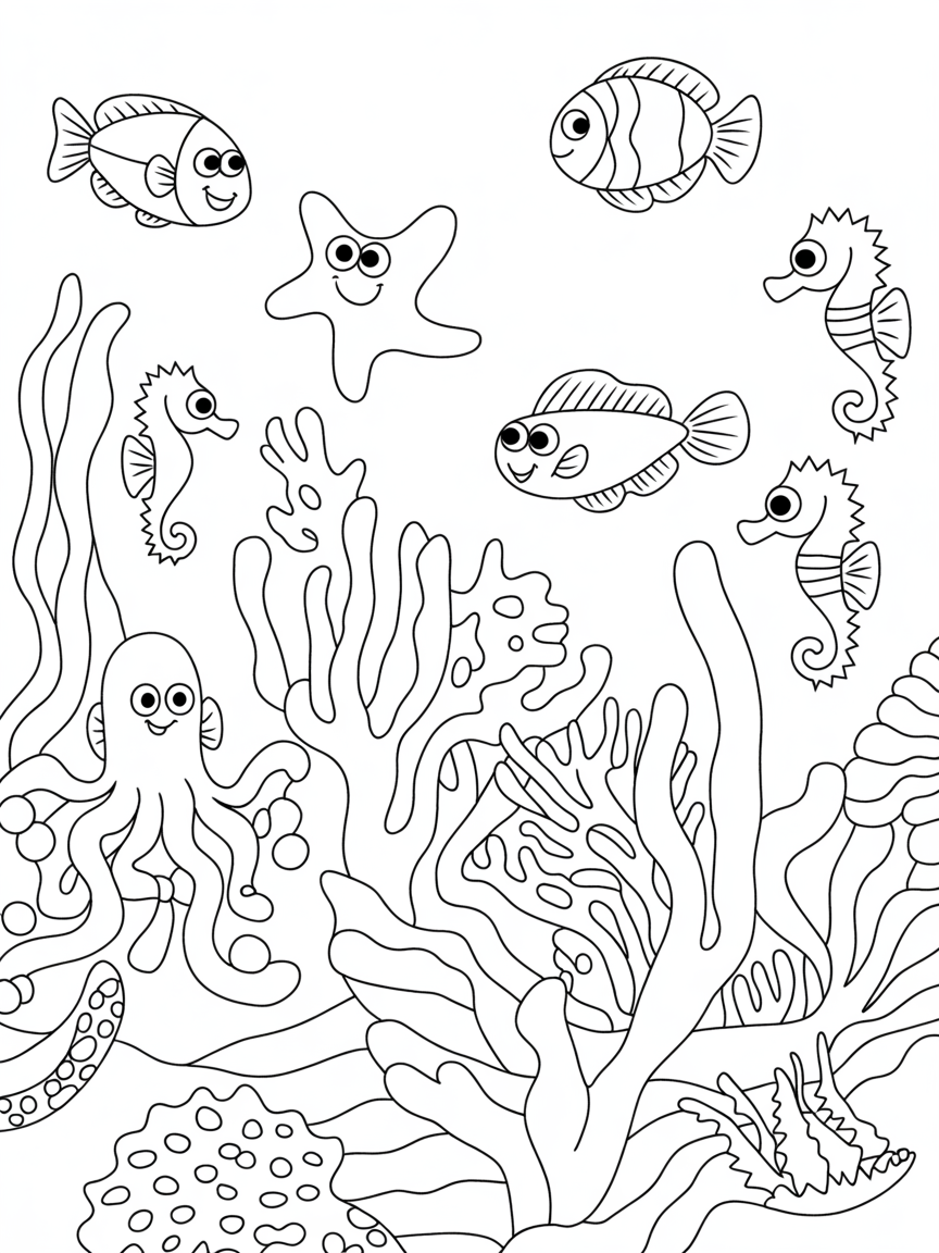 A coral reef with fish,octopus,starfish,seaweeds and seahorses - Free Coloring Page