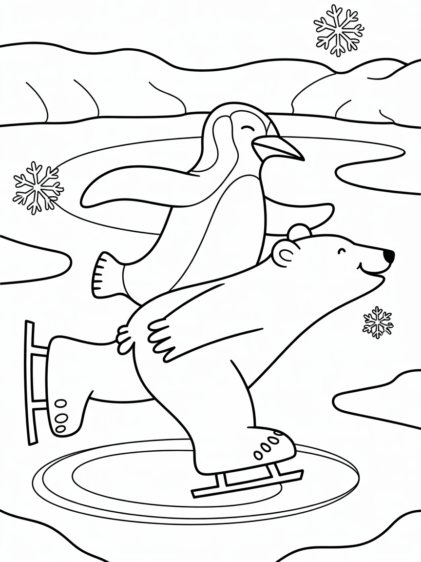 Penguin and polar bear ice skating - Free Coloring Page