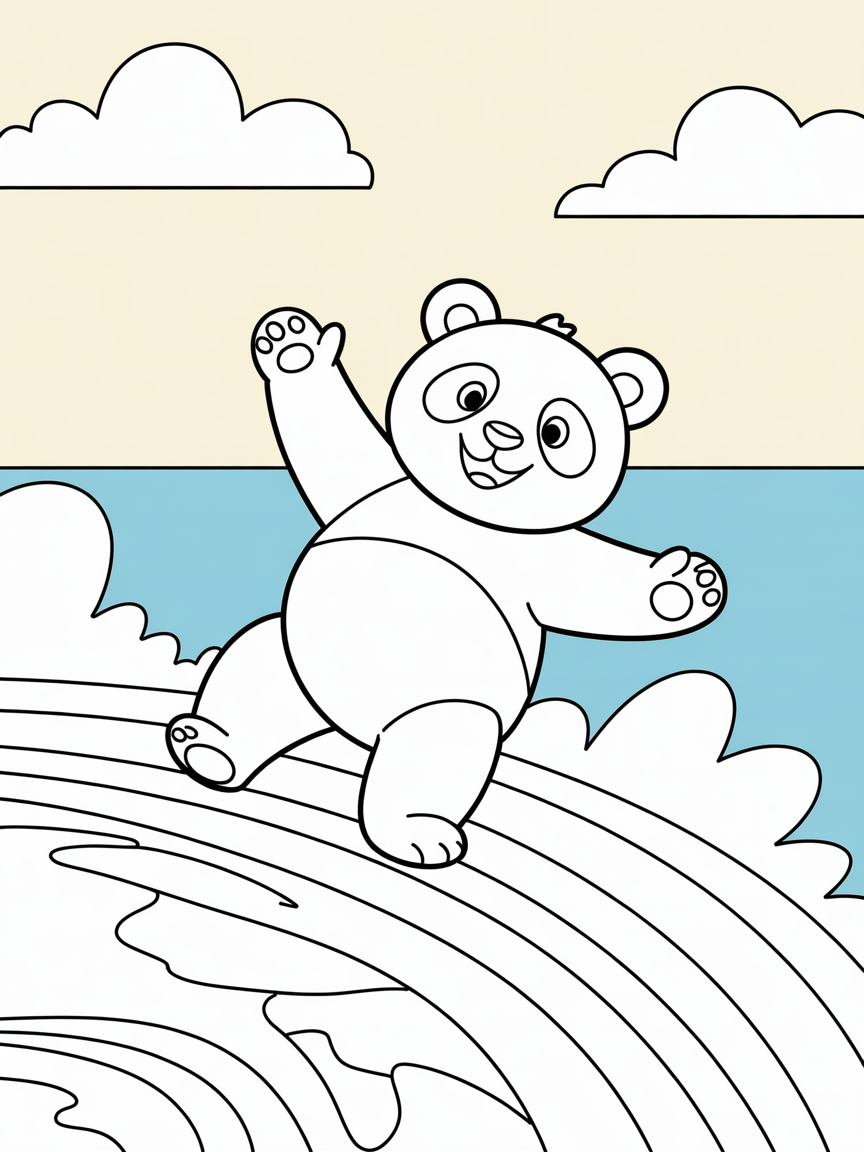 Panda surfing on rainbow waves - Free Coloring Page