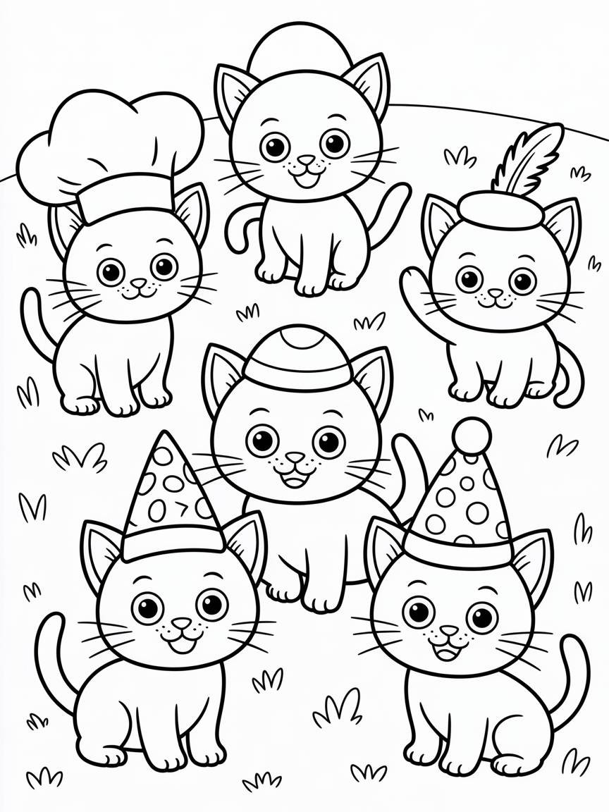 A load of cats with different hats - Free Coloring Page