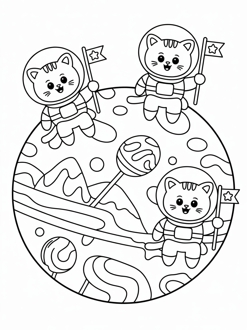 Kitten astronauts exploring a candy planet - Free Coloring Page
