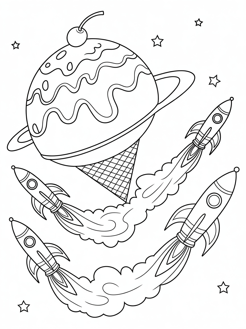 Ice cream cone planet with rockets - Free Coloring Page