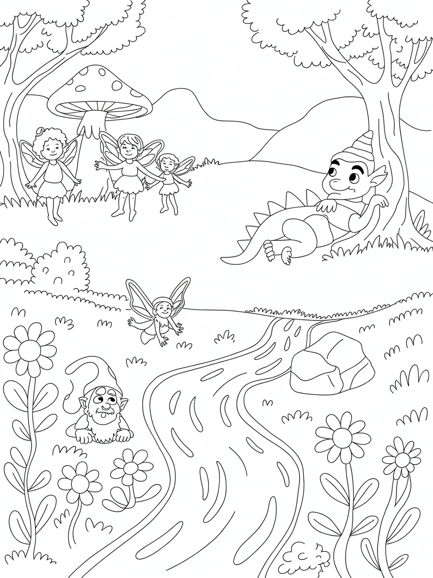 Ein fantasy Wald mit Feen und fantasy Wesen - Free Coloring Page