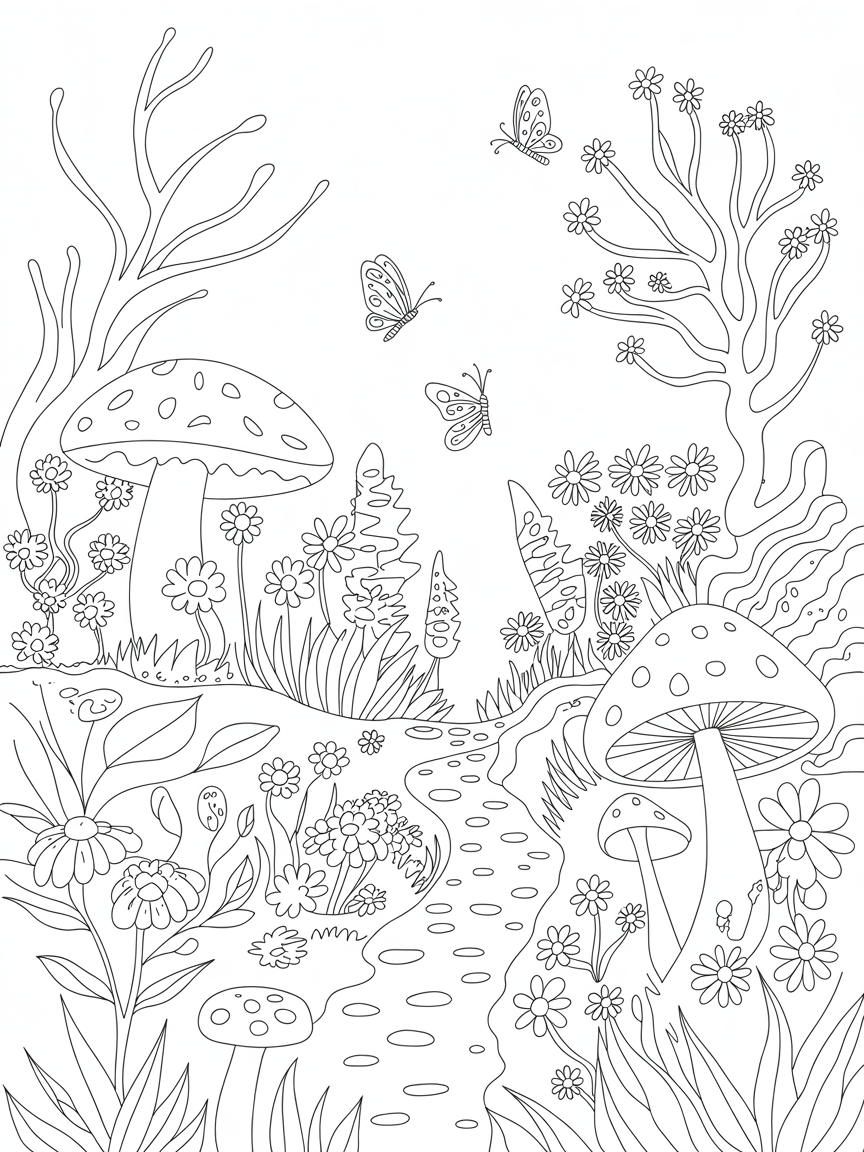 Fairy garden mushrooms flowers trees butterfly's - Free Coloring Page
