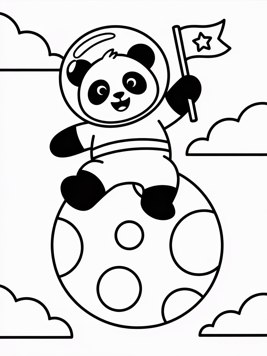 Panda astronaut exploring a rainbow planet - Free Coloring Page