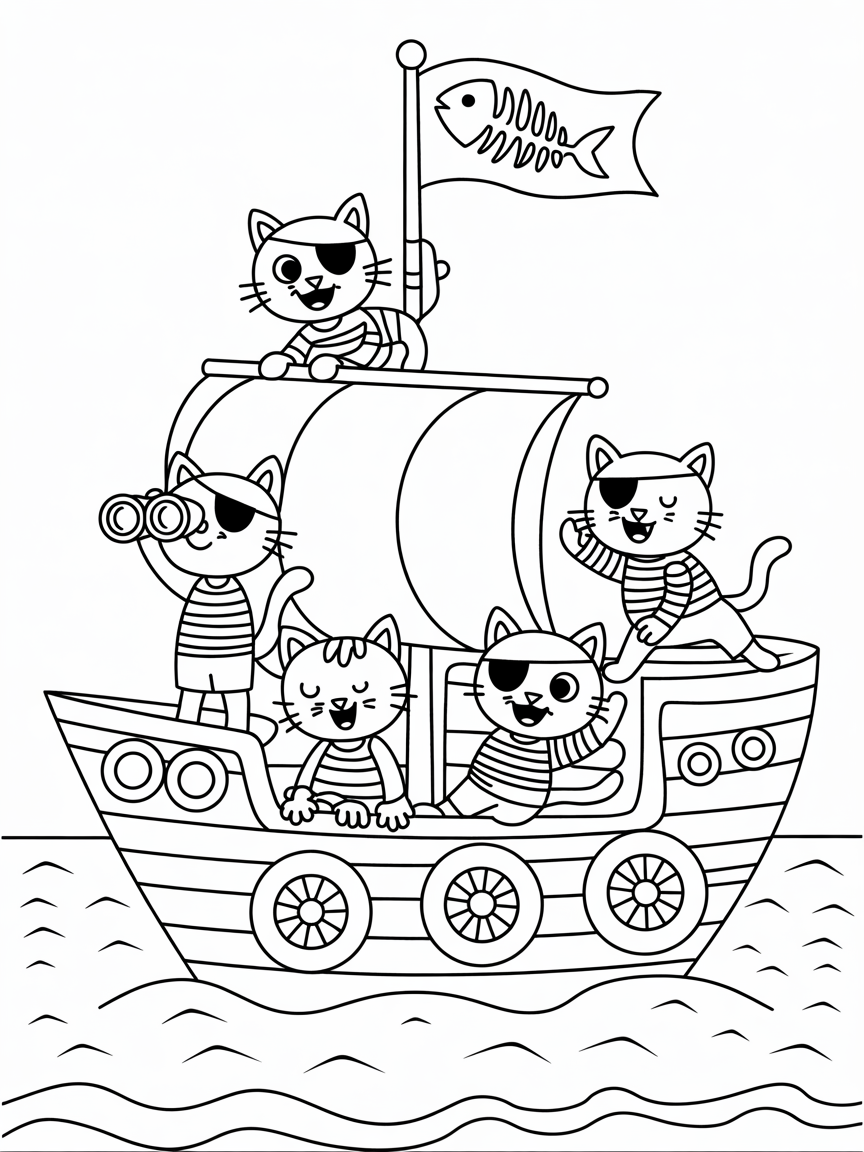 Pirate cats sailing on cheese ship - Free Coloring Page