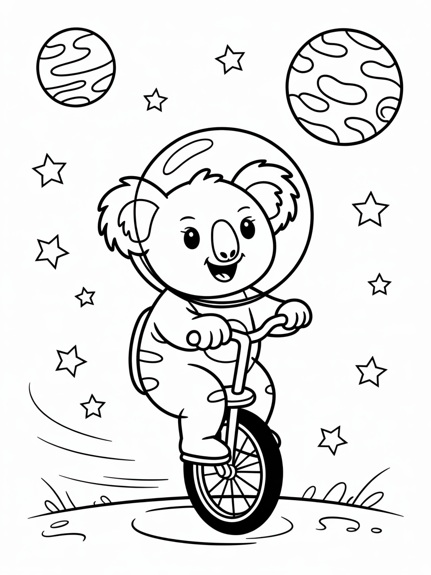 Koala riding a unicycle in space - Free Coloring Page