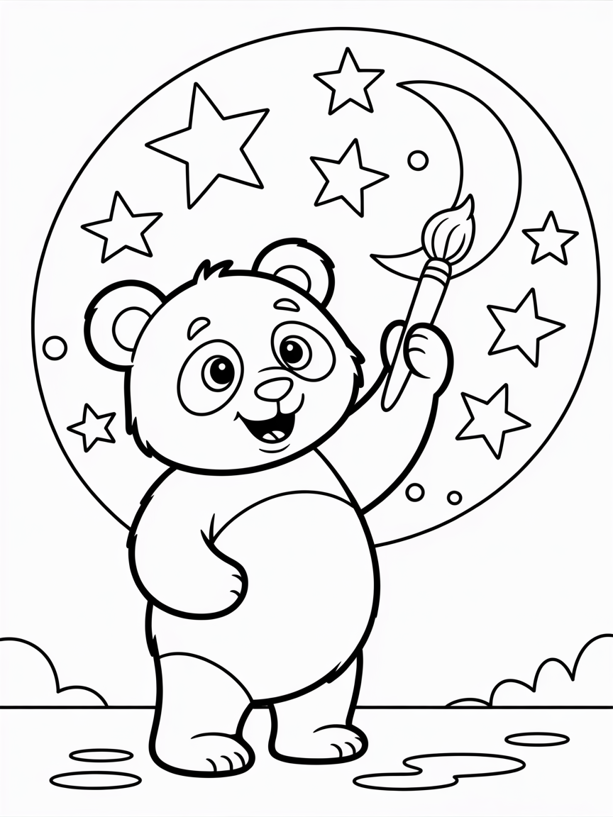 Panda painting the night sky - Free Coloring Page