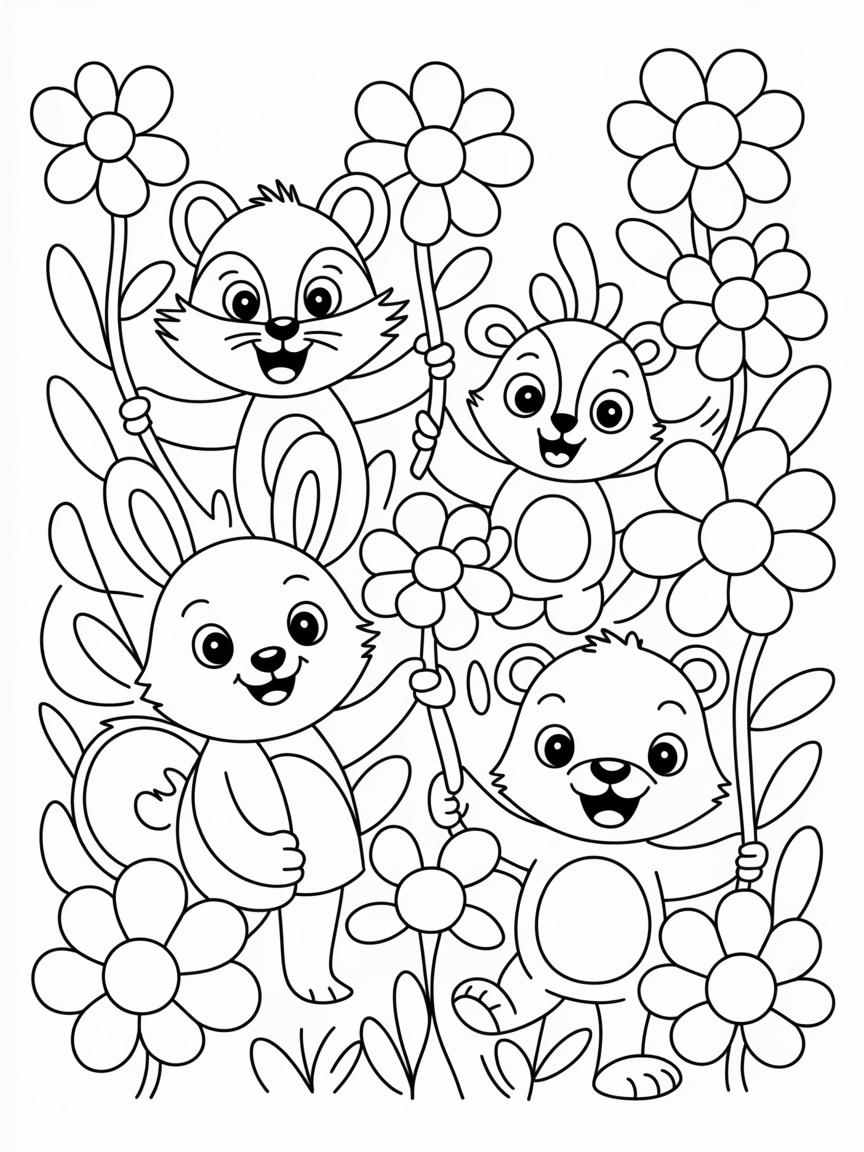 Flowers and sweet looking beasts - Free Coloring Page