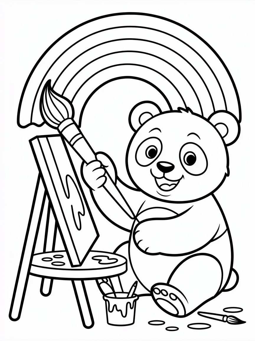 Panda painting a colorful rainbow - Free Coloring Page