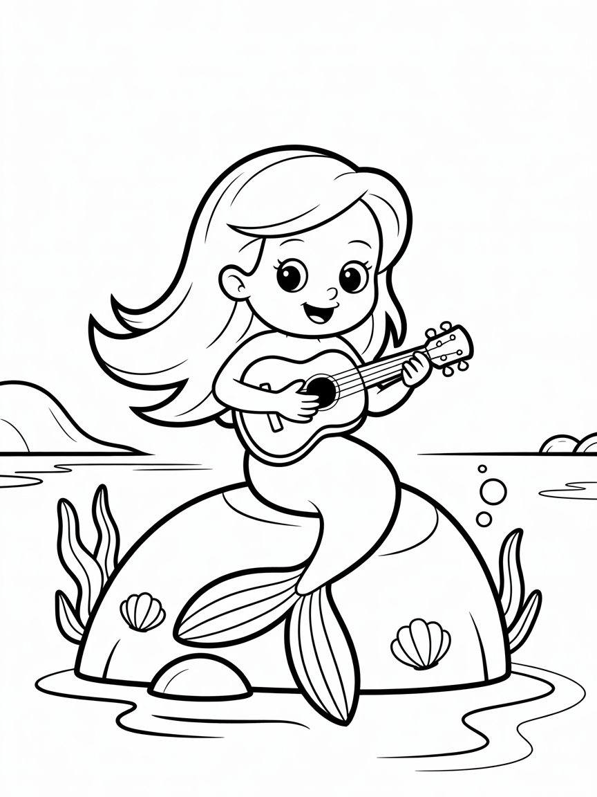 Mermaid playing guitar on sea rock - Free Coloring Page