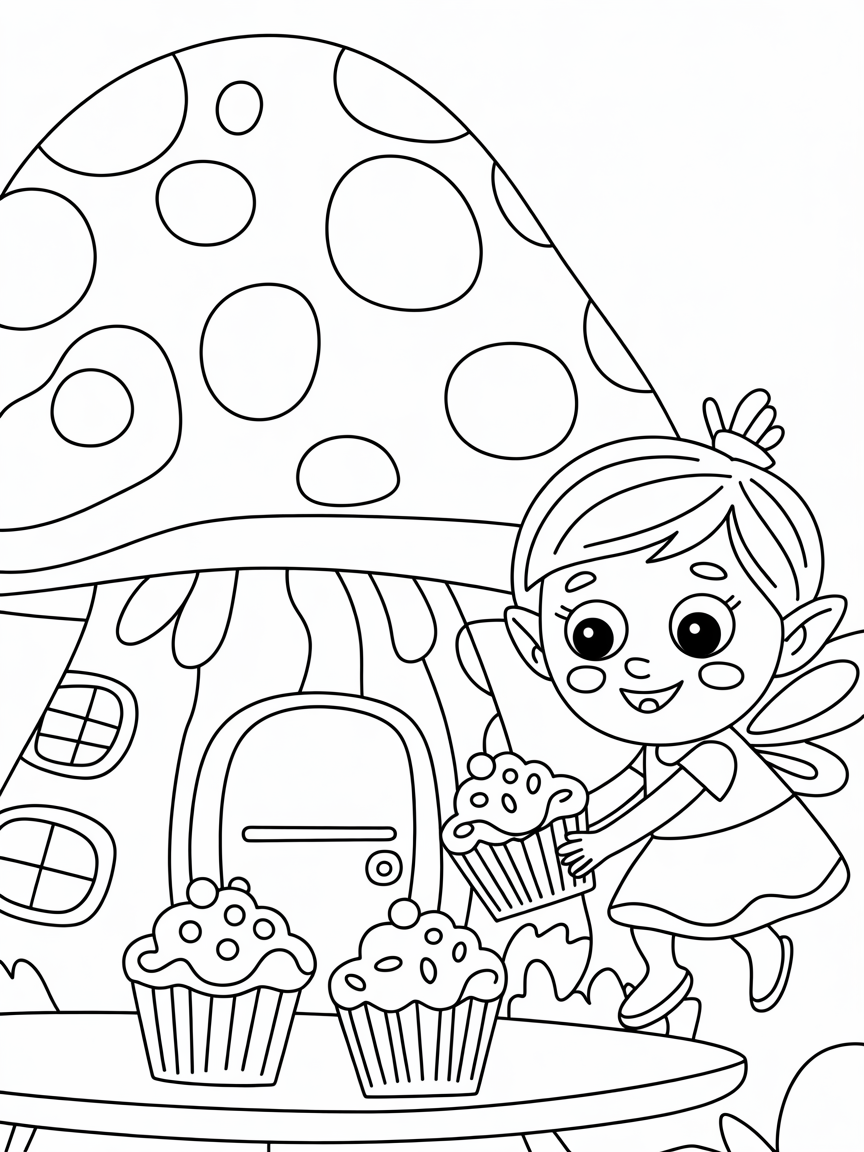 Fairy baking cupcakes in a mushroom house - Free Coloring Page